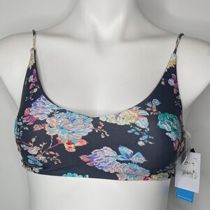 NWT O'Neill Stella Floral Middles grey blue flower strappy tie back bikini top S